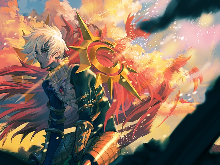1boy armor blue_eyes chest_jewel choker closed_mouth clouds cloudy_sky colored_skin fate/apocrypha fate/grand_order fate_(series) floating floating_object gold_armor iketsumi jewelry karna_(fate) looking_to_the_side medium_hair necklace sitting sky solo spiked_armor spiked_choker spiked_shield spikes white_hair white_skin