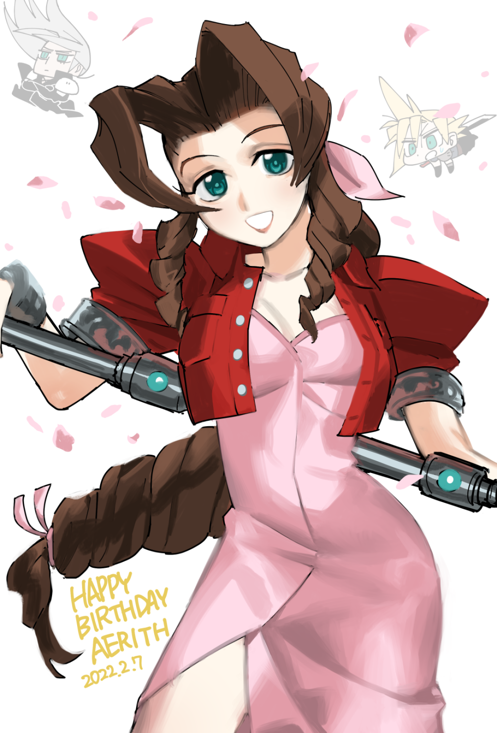 1girl 2boys aerith_gainsborough armor black_coat black_gloves black_pants blonde_hair bracer brown_hair chibi cloud_strife coat curly_hair dress english_text falling final_fantasy final_fantasy_vii gloves green_eyes grey_hair grin grumpy hair_ribbon happy_birthday highres holding holding_staff holding_weapon jacket long_hair long_sleeves materia messy_hair multiple_boys pants parted_bangs pauldrons petals pink_dress pink_ribbon puffy_short_sleeves puffy_sleeves red_jacket ribbon sephiroth short_hair short_sleeves shoulder_armor silver_jewelry slit_pupils smile staff sub_fan_art surprised sword weapon weapon_behind_back