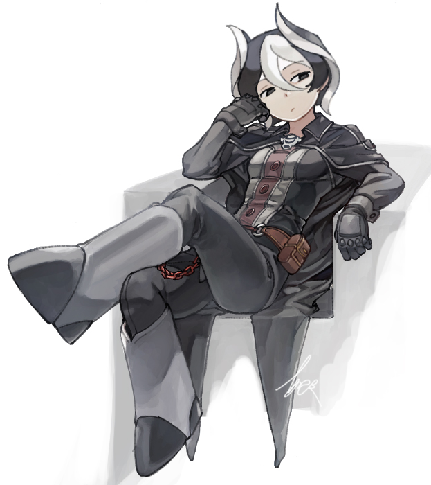 1girl :/ abuku arm_rest arm_up armored_boots belt_pouch black_cape black_eyes black_gloves black_hair black_pants boots breasts cape chain closed_mouth collared_cape commentary_request crossed_legs full_body gloves grey_footwear grey_shirt hair_between_eyes leg_up long_sleeves made_in_abyss ozen pants pouch reclining shirt short_hair sideways_glance signature small_breasts solo whistle whistle_around_neck white_background white_hair
