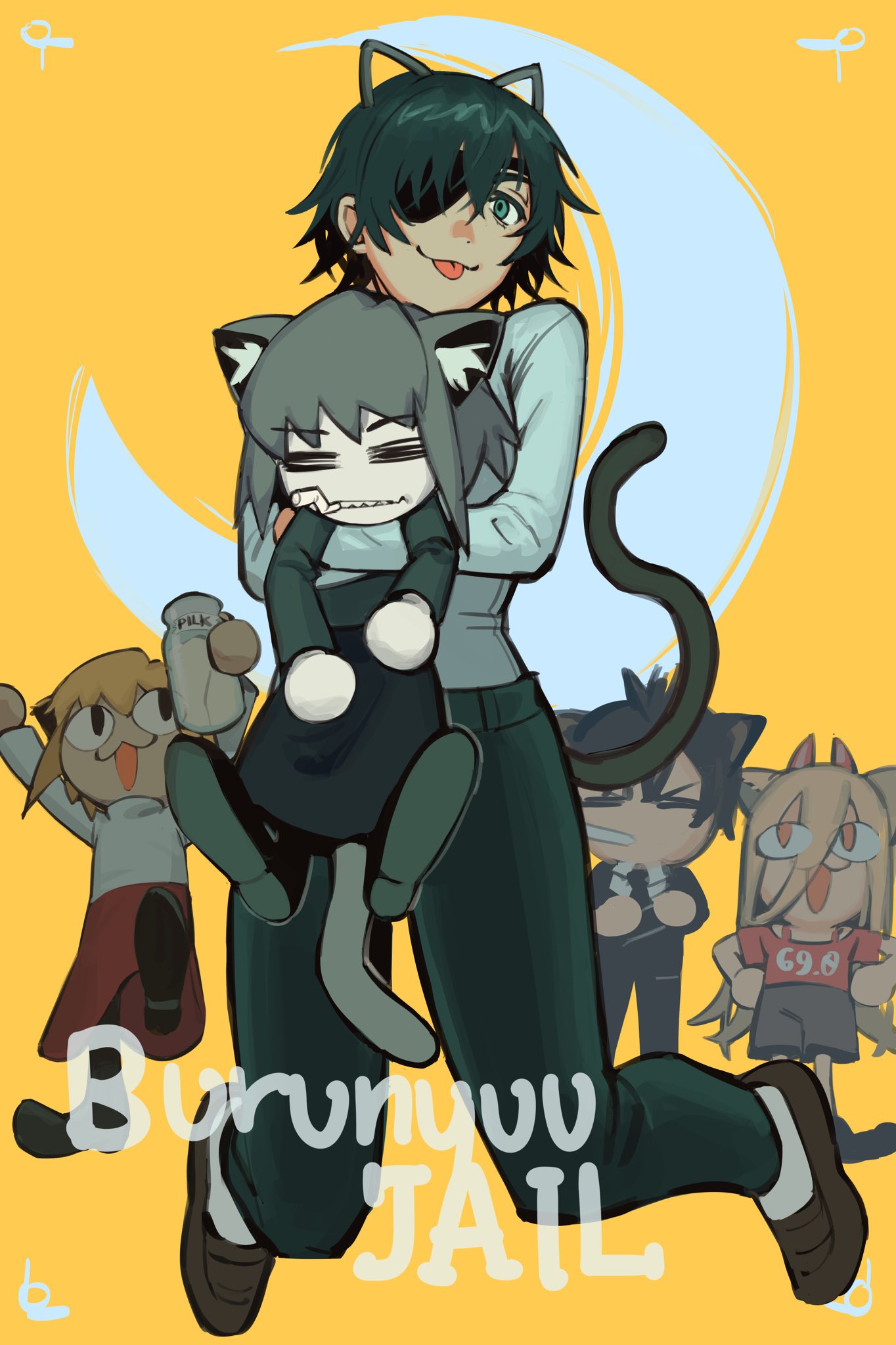 1boy 3girls =_= animal_ears black_hair black_jacket black_necktie black_pants blonde_hair carnival_phantasm cat_ears cat_tail chainsaw_man cigarette closed_eyes collared_shirt commission cosplay eyepatch formal green_eyes grey_hair hair_between_eyes hayakawa_aki hayakawa_aki_(cosplay) highres himeno_(chainsaw_man) horns hug jacket liowig long_hair looking_at_another looking_at_viewer multiple_girls necktie neco-arc neco-arc_chaos neco_spirit pants pilk power_(chainsaw_man) power_(chainsaw_man)_(cosplay) red_horns shirt shirt_tucked_in short_hair simple_background suit suit_jacket tail tongue tongue_out white_shirt yellow_background
