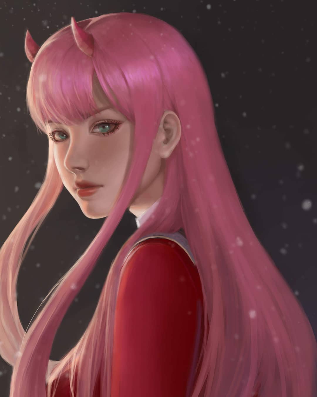 1girl black_background blunt_bangs close-up closed_mouth darling_in_the_franxx dress english_commentary expressionless eyelashes floating_hair from_side green_eyes hair_over_shoulder highres horns light_blush light_particles lips lipstick long_hair looking_at_viewer looking_to_the_side makeup nose pink_hair pink_horns portrait realistic red_dress red_lips sidelocks solo uniform yiian56 zero_two_(darling_in_the_franxx)