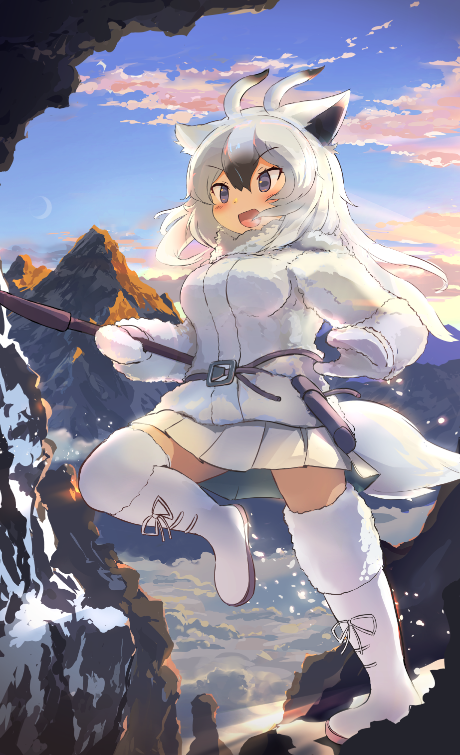 1girl animal_ears belt blush boots brown_hair coat fur_trim goat_ears goat_girl goat_horns goat_tail hair_between_eyes highres horns kemono_friends koutsuu_(koutuukanseikan) long_hair long_sleeves mountain mountain_goat_(kemono_friends) multicolored_hair open_mouth pleated_skirt skirt smile solo standing standing_on_one_leg thigh_boots weapon white_coat white_footwear white_fur white_hair white_mittens white_skirt winter_clothes winter_coat zettai_ryouiki