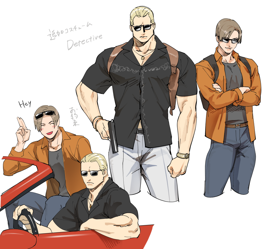 2boys black_shirt black_tank_top blonde_hair blue_pants blush brown_hair car closed_eyes crossed_arms curtained_hair driving ground_vehicle gun holding holding_gun holding_weapon holster jack_krauser jewelry large_pectorals leon_s._kennedy male_focus motor_vehicle multiple_boys muscular muscular_male necklace open_clothes open_shirt orange_shirt pants pectorals resident_evil resident_evil_4 resident_evil_4_(remake) shirt short_hair shoulder_holster sunglasses tank_top tatsumi_(psmhbpiuczn) translation_request watch watch weapon white_pants