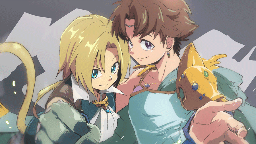 2boys aqua_cape aqua_eyes aqua_vest armor ascot blonde_hair brown_eyes brown_hair butz_klauser cape circlet clenched_hand collared_shirt crossover earrings final_fantasy final_fantasy_ix final_fantasy_v grey_background jewelry looking_at_viewer low_ponytail male_focus monkey_tail multiple_boys parted_bangs shirt short_hair short_hair_with_long_locks shoulder_armor sleeveless sleeveless_shirt smile tail togyawa02 upper_body white_ascot zidane_tribal