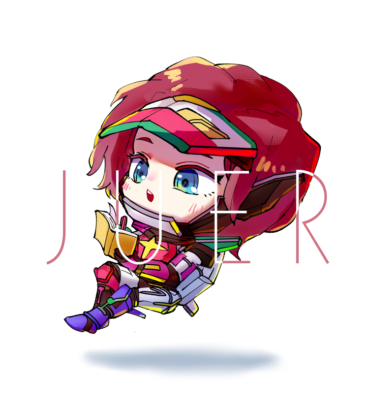 1girl :o animification apex_legends artist_name book chibi floating full_body galactic_guardian_horizon holding holding_book holding_pen horizon_(apex_legends) official_alternate_costume pen power_armor redhead shadow short_hair smile solo white_background xiaoye_ju_er