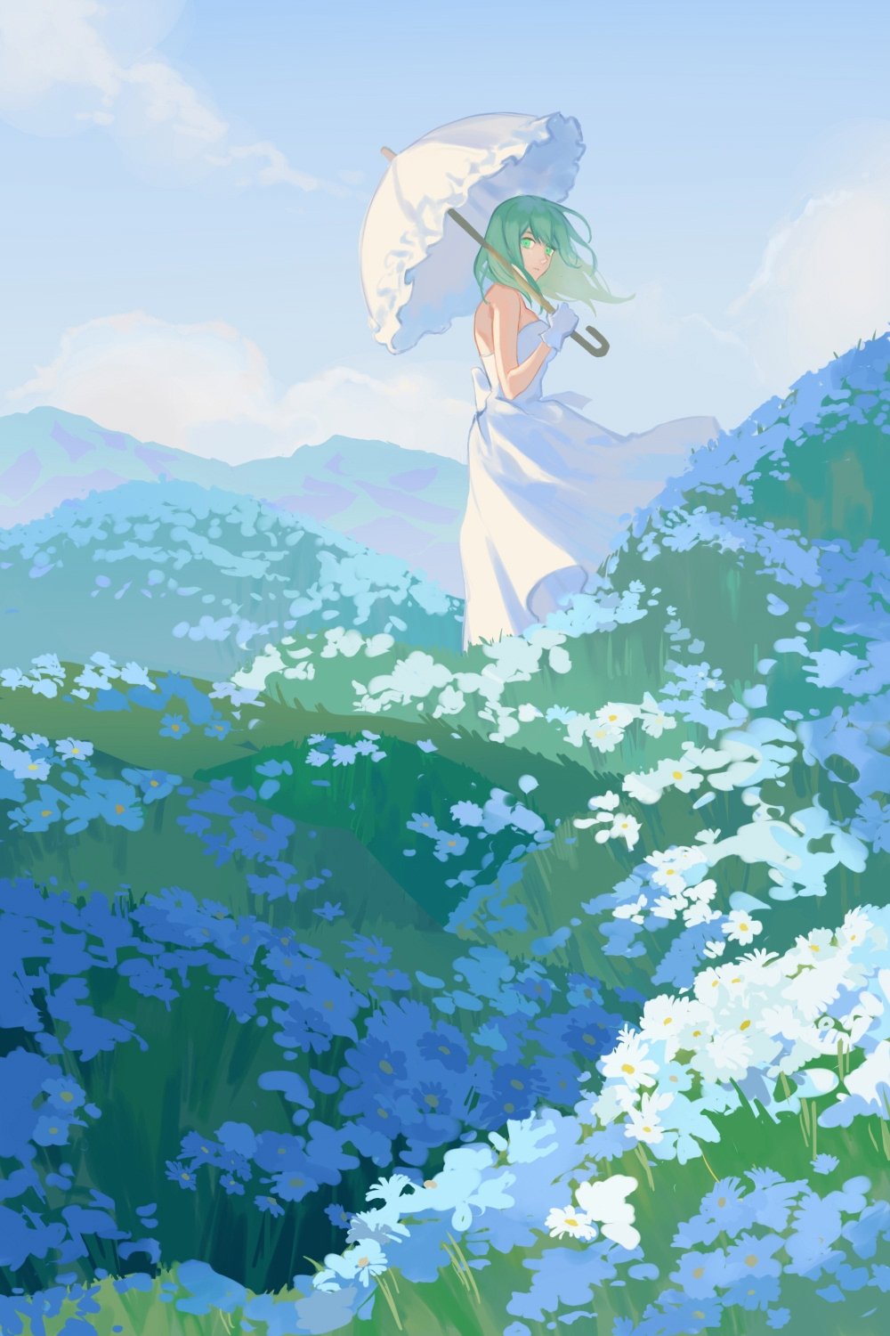 1girl back_bow bare_shoulders blue_flower blue_sky bow breasts byleth_(female)_(fire_emblem) byleth_(fire_emblem) clouds cloudy_sky dress enlightened_byleth_(female) field fire_emblem fire_emblem:_three_houses flower flower_field gloves green_eyes green_hair hair_between_eyes highres hill holding holding_umbrella kyounatsuuu long_dress long_hair looking_at_viewer medium_breasts mountain parasol sky solo strapless strapless_dress sundress umbrella white_dress white_gloves white_umbrella wind