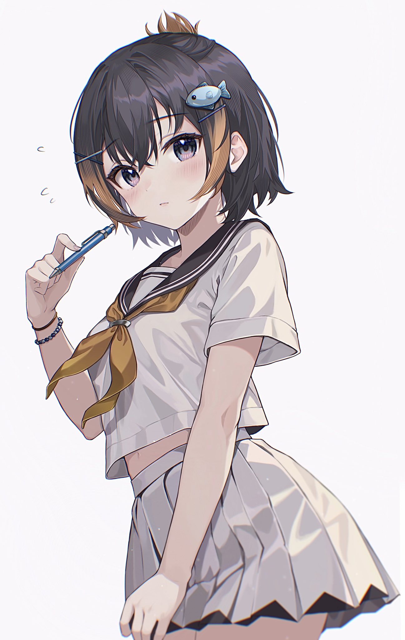 1girl black_hair blue_eyes blue_sailor_collar blush bracelet fish_hair_ornament hair_between_eyes hair_ornament hairpin highres holding holding_pen jewelry looking_at_viewer midriff_peek multicolored_hair navel neckerchief nijisanji nijisanji_en orange_hair pen petra_gurin pleated_skirt sailor_collar school_uniform serafuku shirt short_hair simple_background skirt solo soybean_(hisoybean) streaked_hair virtual_youtuber white_background white_serafuku white_shirt white_skirt x_hair_ornament yellow_neckerchief