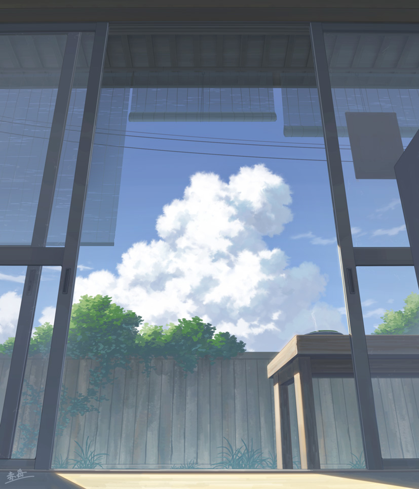 akafune blinds blue_sky clouds commentary_request day fence glass_door indoors ivy nature no_humans original overgrown plant scenery shadow signature sky sliding_doors sunlight table tree wooden_fence wooden_floor wooden_table
