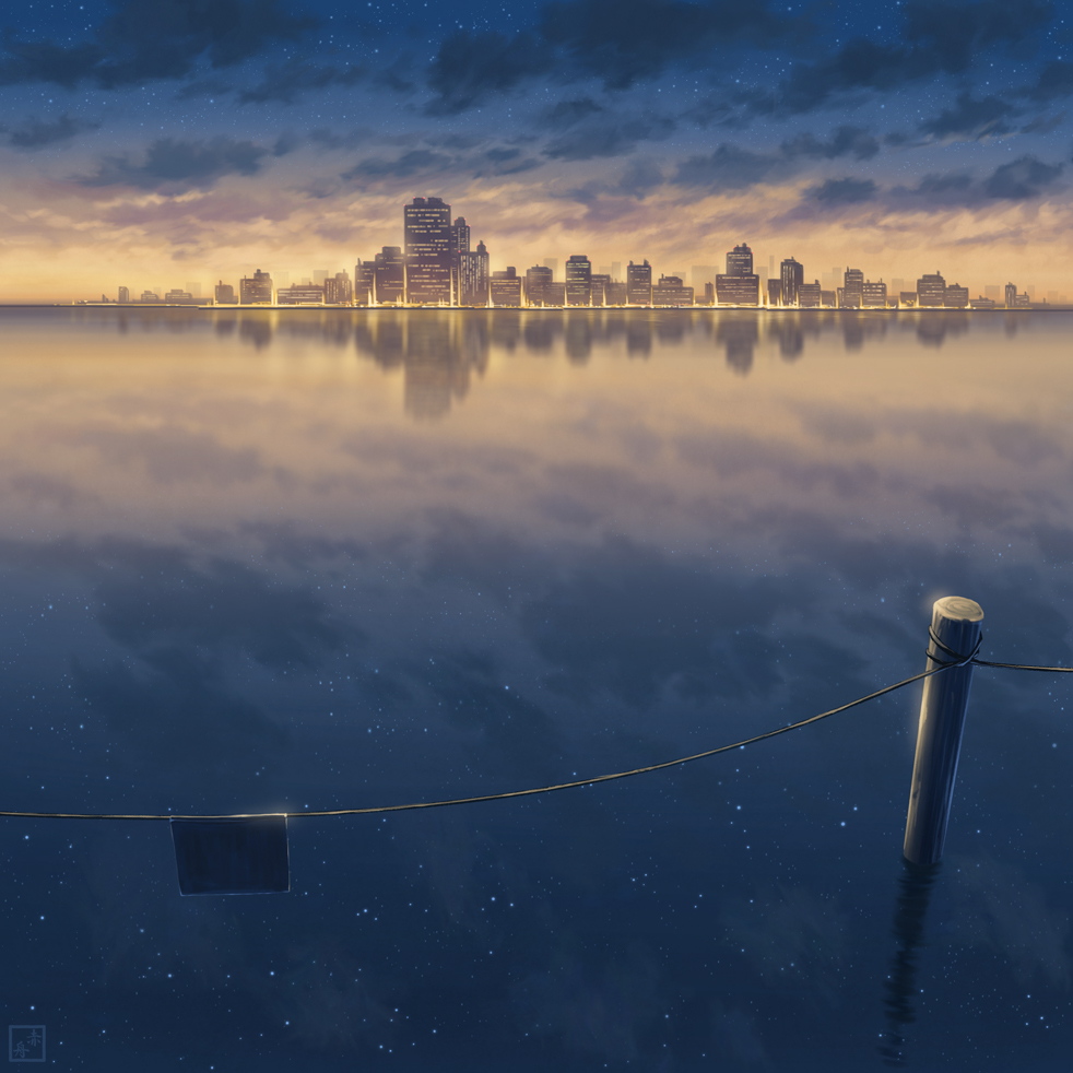 akafune city city_lights clouds cloudy_sky commentary_request dawn fence_post lake no_humans original outdoors partially_immersed reflection reflective_water scenery sign signature sky skyline star_(sky) starry_sky sunrise water wire_fence