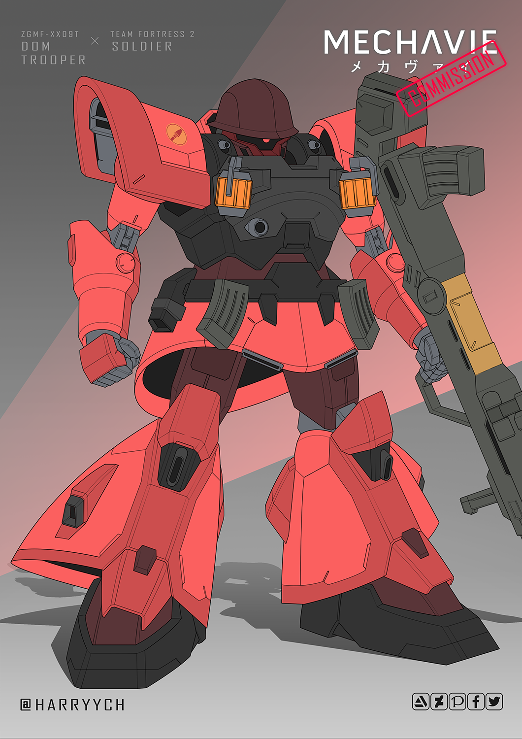 artstation_logo character_name clenched_hand commission deviantart_logo dom_trooper facebook_logo fusion gun gundam gundam_seed gundam_seed_destiny harryych helmet highres holding holding_gun holding_weapon magazine_(weapon) mecha no_humans one-eyed pixiv_logo red_eyes robot science_fiction shadow soldier_(tf2) solo team_fortress_2 twitter_logo twitter_username weapon