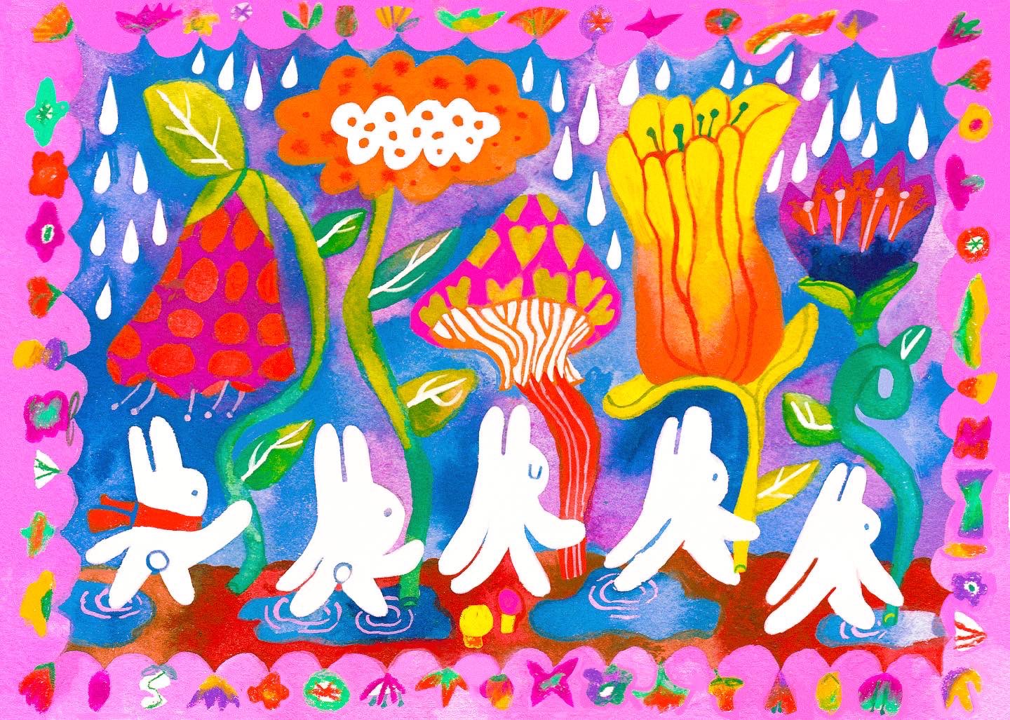 closed_eyes english_commentary flower framed heart multicolored_background multiple_others mushroom no_humans oddrabid original plant pop_art rabbit red_scarf scarf surreal walking water water_drop