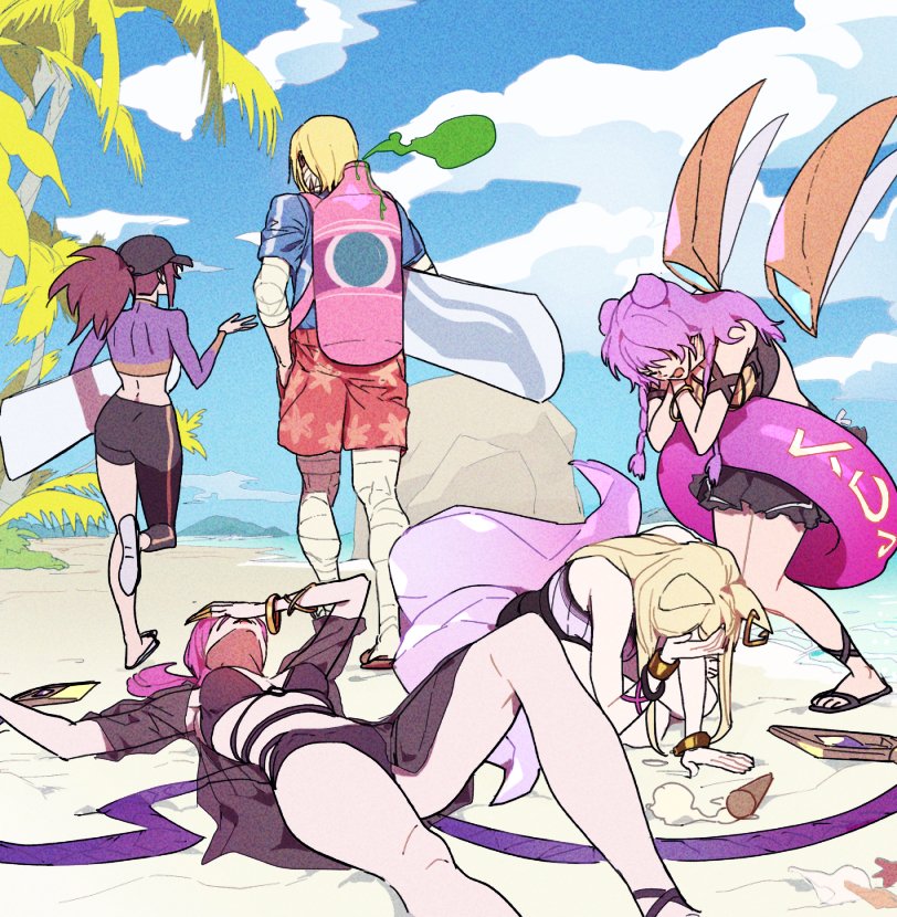 1boy 4girls ahri_(league_of_legends) akali animal_ears asymmetrical_legwear bandages bare_shoulders beach bikini bikini_skirt black_bikini black_cape blonde_hair blue_shirt blue_sky bracelet braid cape clouds cloudy_sky covered_eyes crystal_tail earrings evelynn_(league_of_legends) food fox_ears fox_girl fox_tail gas_can hair_bun hand_on_own_face hat holding holding_surfboard ice_cream idol innertube jewelry k/da_(league_of_legends) k/da_ahri k/da_akali k/da_evelynn k/da_kai'sa kai'sa league_of_legends long_hair looking_at_another lying multiple_girls multiple_tails on_back on_ground palm_tree pink_hair pink_innertube ponytail purple_hair red_shorts shirt short_hair shorts sick singed sky surfboard surfer_singed swimsuit tail talking tree twin_braids uneven_legwear zaket07