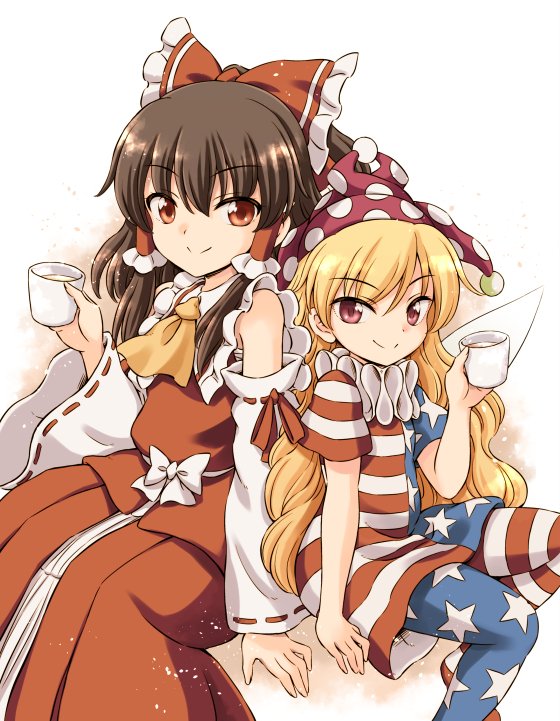 2girls american_flag_dress american_flag_legwear ascot blonde_hair bow brown_hair clownpiece detached_sleeves dress fairy fairy_wings frills hair_bow hair_tubes hakurei_reimu hat hirasaka_makoto jester_cap long_hair medium_hair multiple_girls neck_ruff shirt short_sleeves skirt sleeveless sleeveless_shirt touhou wavy_hair wings