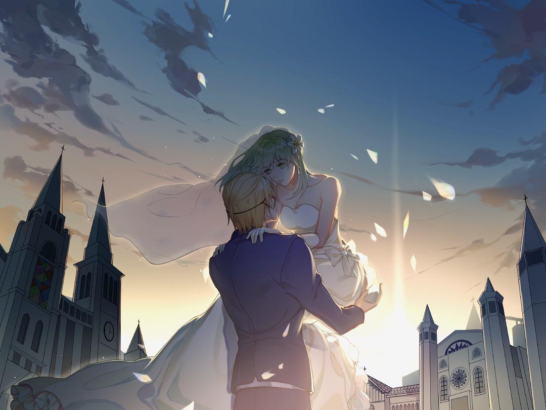 1boy 1girl bare_shoulders blonde_hair blue_jacket breasts bridal_veil bride byleth_(female)_(fire_emblem) byleth_(fire_emblem) carrying church clouds cloudy_sky dimitri_alexandre_blaiddyd dress enlightened_byleth_(female) eyepatch fire_emblem fire_emblem:_three_houses flower green_hair hair_flower hair_ornament hands_on_another's_shoulders husband_and_wife jacket kyounatsuuu lily_(flower) long_dress long_hair long_sleeves looking_at_another medium_breasts outdoors princess_carry short_hair sky strapless strapless_dress sunset upper_body veil wedding wedding_dress white_dress white_flower