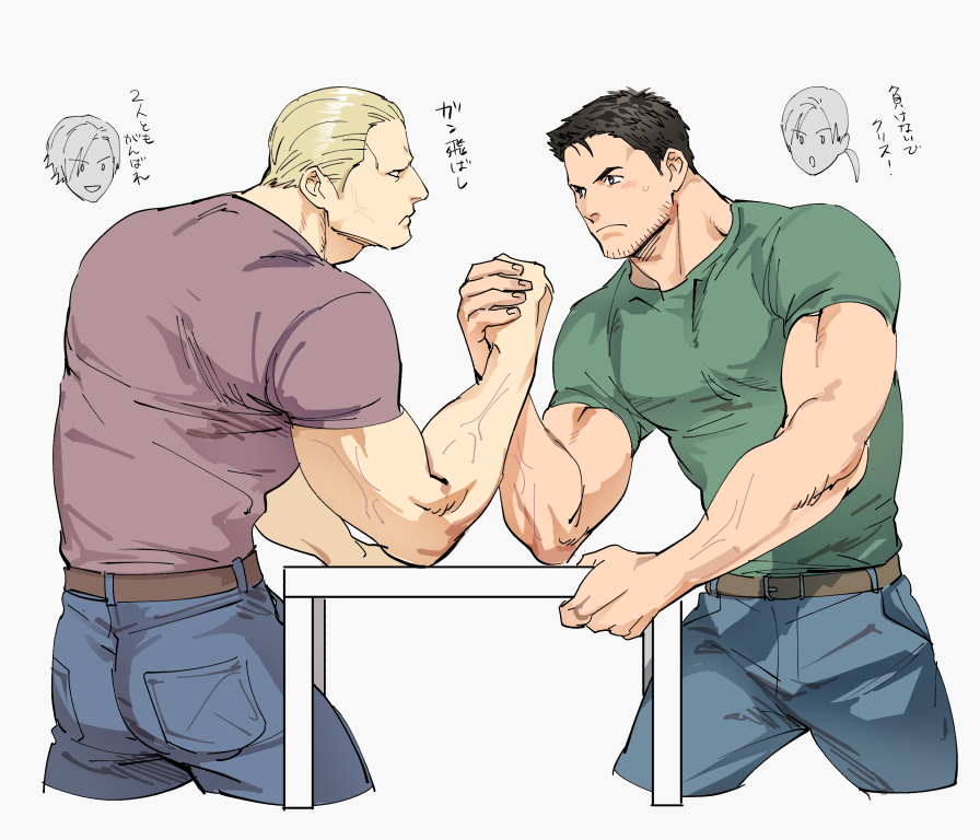 2boys arm_wrestling belt black_hair blonde_hair blue_pants brown_belt closed_mouth facial_hair green_shirt jill_valentine large_pectorals leon_s._kennedy looking_at_another male_focus multiple_boys muscular muscular_male pants pectorals red_shirt resident_evil resident_evil_4 resident_evil_5 shirt short_hair simple_background stubble table tatsumi_(psmhbpiuczn) translation_request white_background