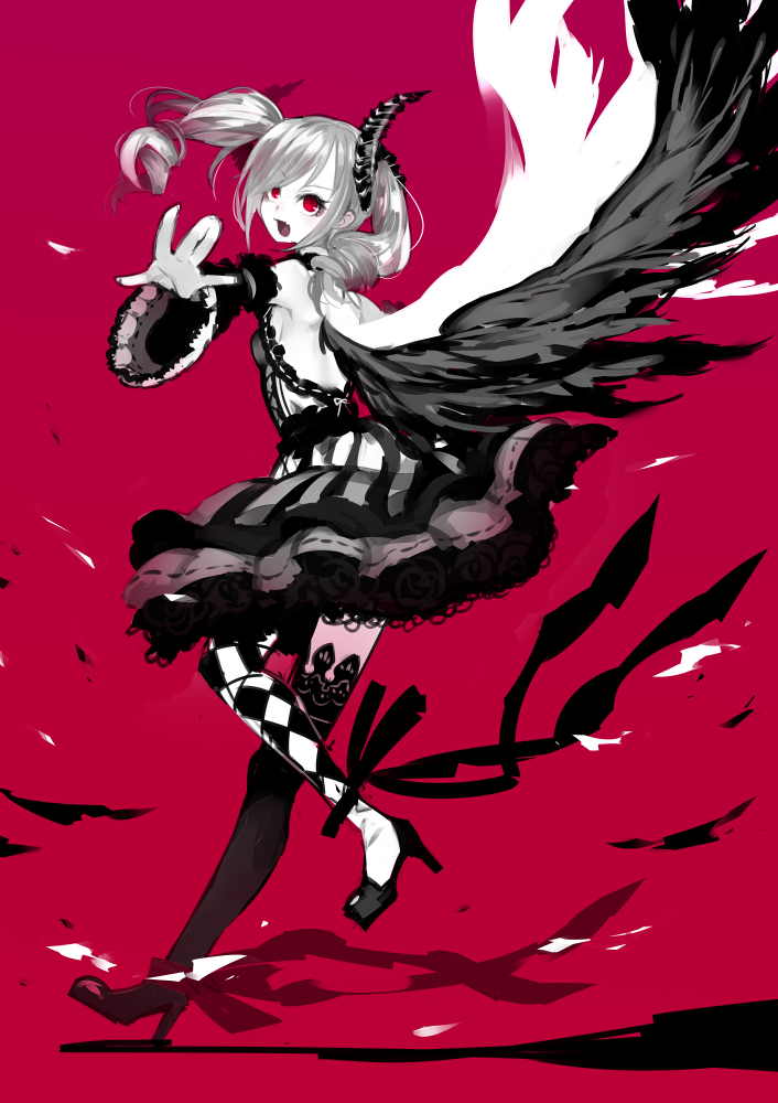 1girl ankle_ribbon argyle argyle_legwear asymmetrical_legwear backless_dress backless_outfit bare_shoulders demon_horns detached_sleeves dress drill_hair feathered_wings full_body greyscale_with_colored_background high_heels horns idolmaster idolmaster_cinderella_girls kaida_michi kanzaki_ranko leg_ribbon long_hair mismatched_legwear monochrome open_mouth red_background red_eyes red_theme ribbon sketch smile solo spot_color standing standing_on_one_leg twin_drills twintails wings