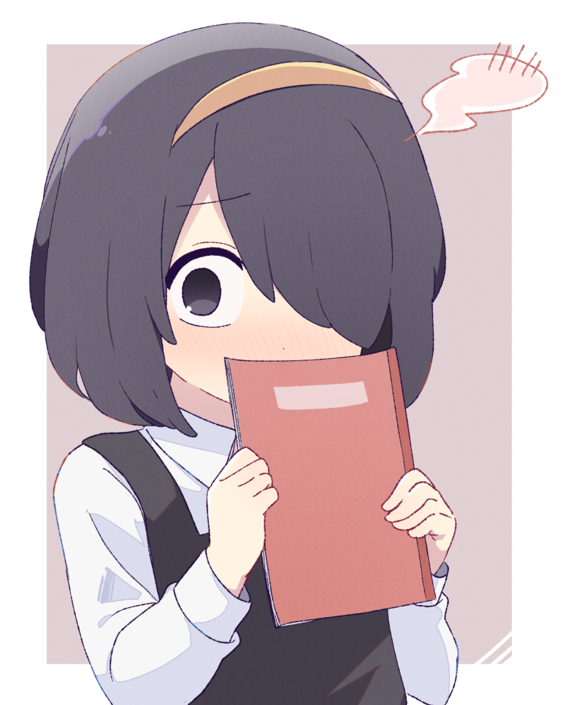 1girl black_eyes black_hair book hair_over_eyes hairband holding holding_book jijou_wo_shiranai_tenkousei_ga_guigui_kuru. long_bangs nishimura_akane school_uniform solo spoken_blush upper_body yasakana_tooi yellow_hairband