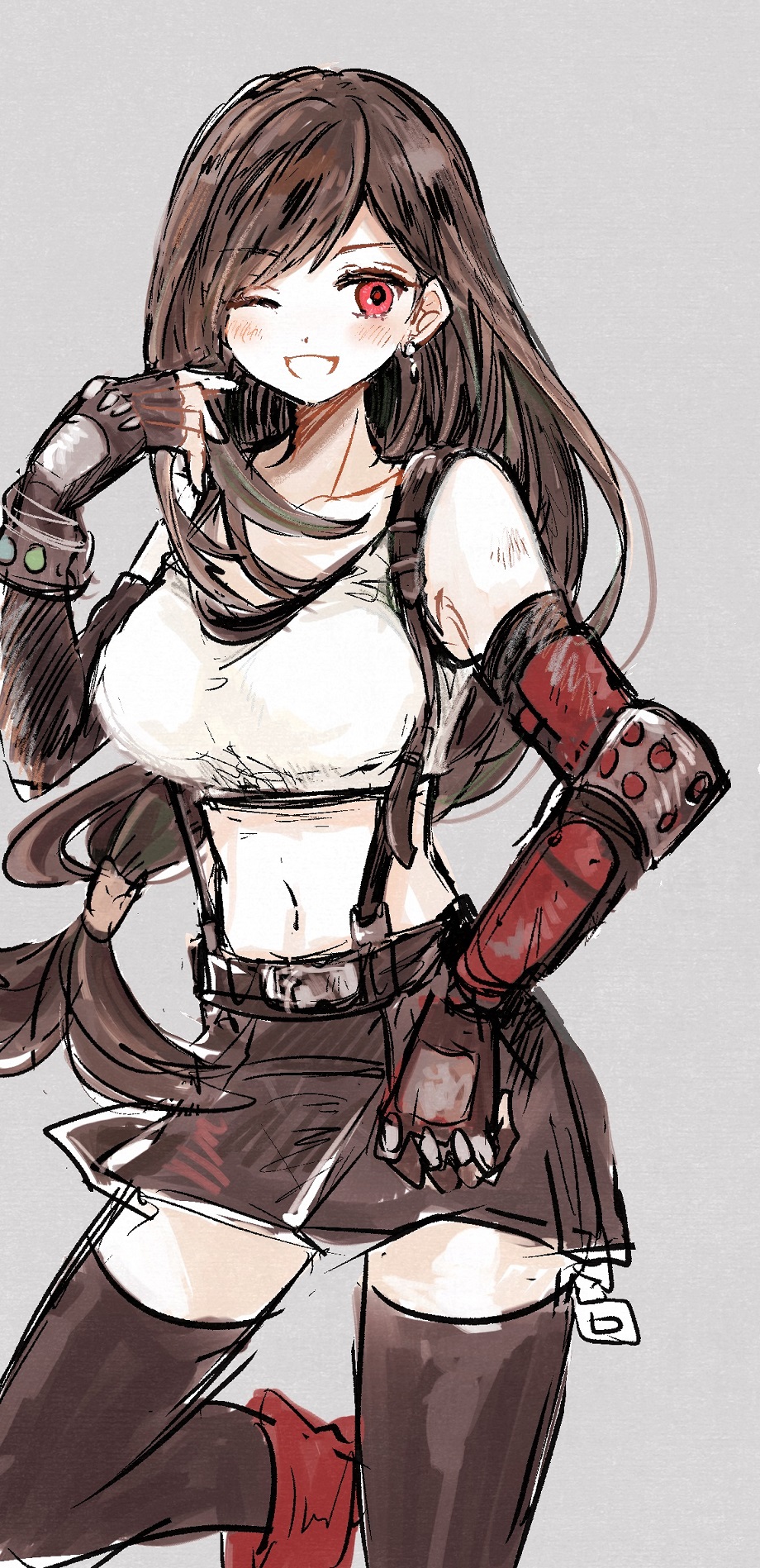 1girl bare_shoulders black_bra black_gloves black_hair black_skirt black_thighhighs blush bra breasts cowboy_shot crop_top earrings elbow_gloves elbow_pads final_fantasy final_fantasy_vii final_fantasy_vii_remake fingerless_gloves gloves grey_background hand_in_own_hair highres jewelry large_breasts looking_at_viewer midriff miniskirt navel nocoyaki one_eye_closed open_mouth red_eyes shirt sketch skirt sleeveless sleeveless_shirt smile solo sports_bra swept_bangs thigh-highs tifa_lockhart underwear white_shirt zettai_ryouiki