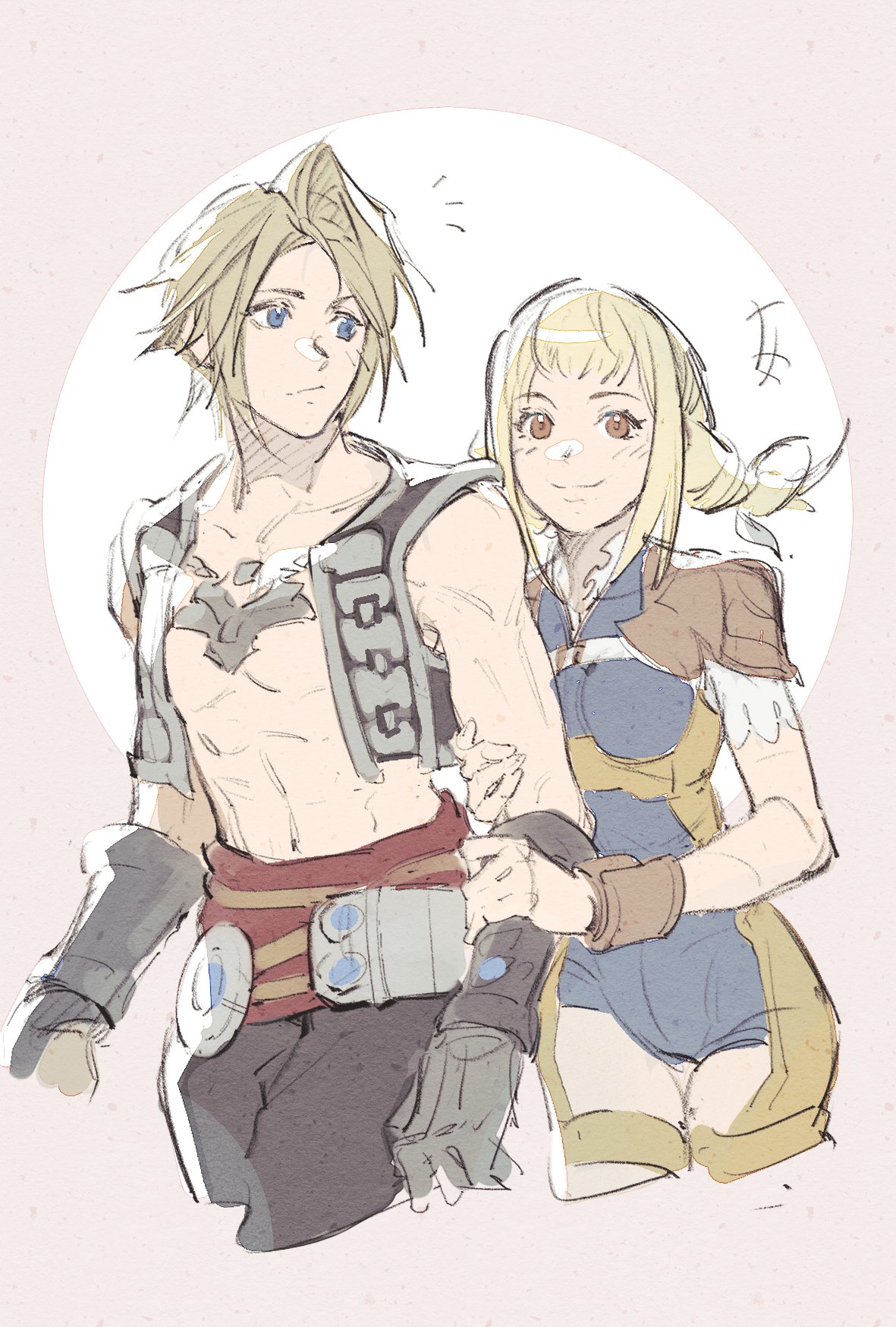 1boy 1girl armor bare_shoulders black_pants blonde_hair blue_bodysuit blue_eyes blush bodysuit braid breasts brown_background brown_eyes cowboy_shot cropped_legs crow0cc final_fantasy final_fantasy_xii gloves grey_gloves grey_vest highres holding_another's_arm looking_at_viewer looking_back medium_breasts pants parted_bangs penelo short_hair shoulder_armor sidelocks smile toned toned_male twin_braids vaan vest wrist_cuffs