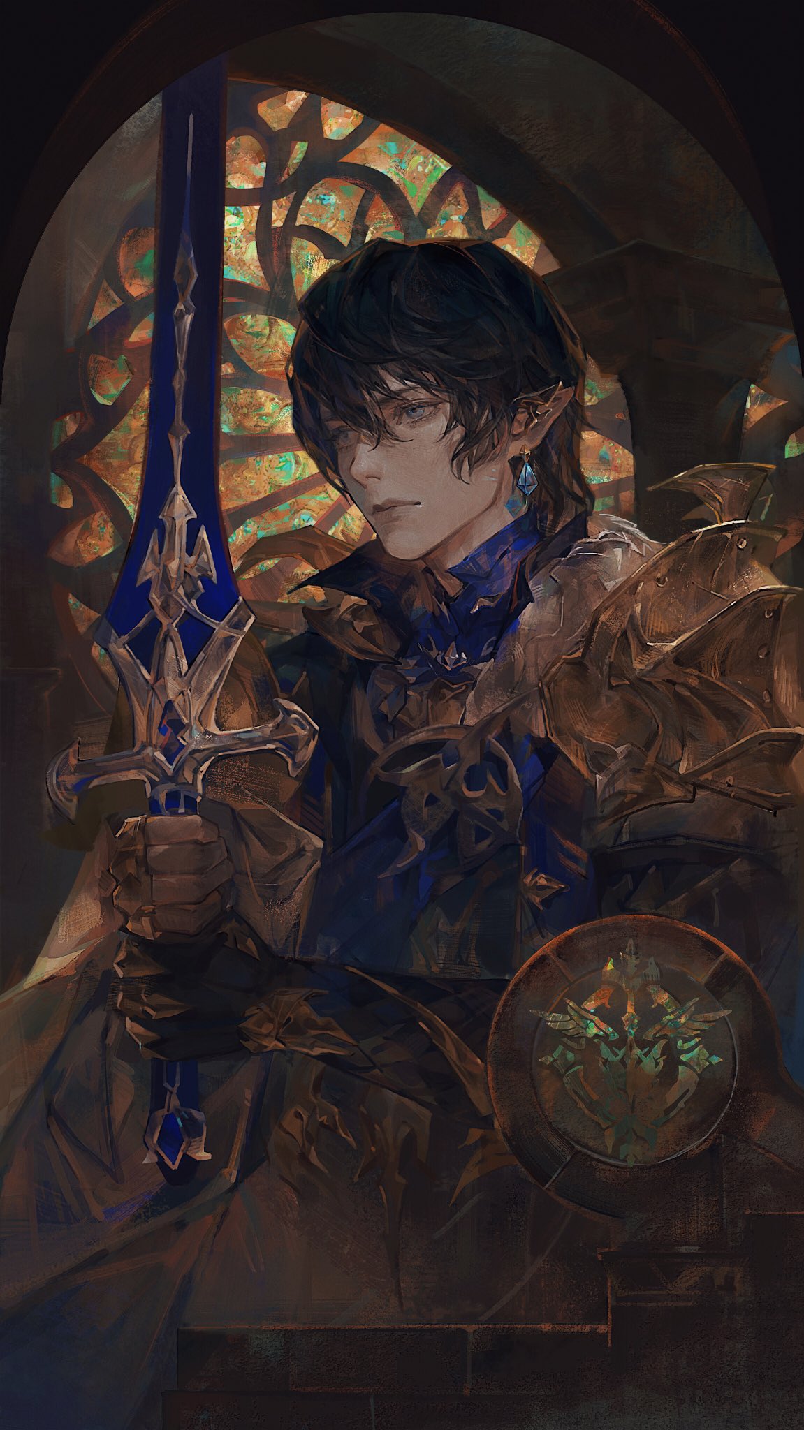 1boy arch armor aymeric_de_borel black_hair blue_eyes earclip earrings elezen elf expressionless final_fantasy final_fantasy_xiv from_side gauntlets hair_between_eyes highres holding holding_sword holding_weapon indoors jewelry looking_ahead male_focus painterly pauldrons pillar pointy_ears realistic short_hair shoulder_armor single_gauntlet solo stained_glass sukly sword temple_knight_(final_fantasy_xiv) upper_body wavy_hair weapon window