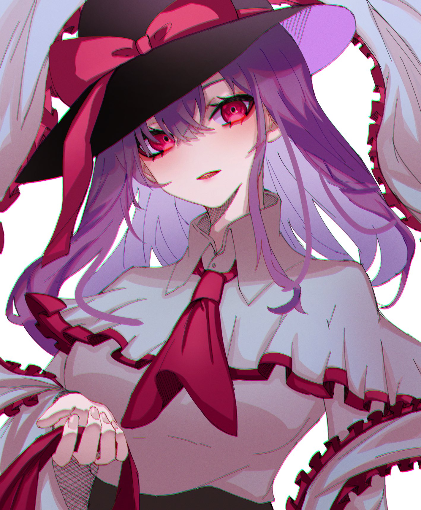 1girl black_headwear capelet frilled_capelet frills hagoromo hair_between_eyes hat hat_iue hat_ribbon highres long_hair long_sleeves nagae_iku open_mouth purple_hair red_eyes red_ribbon ribbon shawl shirt sidelocks simple_background solo touhou upper_body white_background white_capelet white_shirt