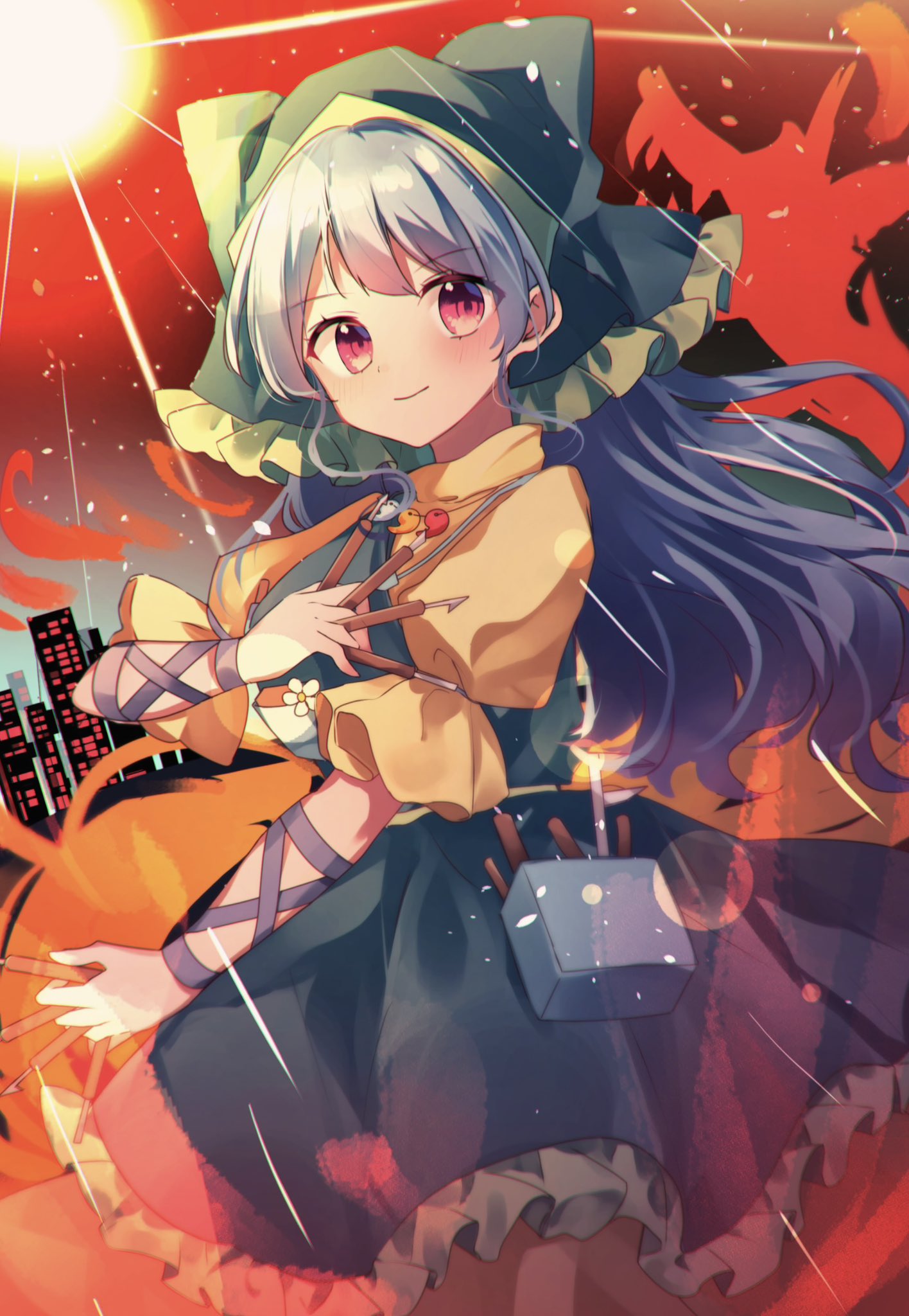 1girl apron blue_hair cityscape closed_mouth commentary commentary_request green_apron green_headwear haniyasushin_keiki head_scarf highres jewelry looking_at_viewer magatama magatama_necklace moshihimechan necklace red_eyes short_sleeves smile solo touhou wood_carving_tool