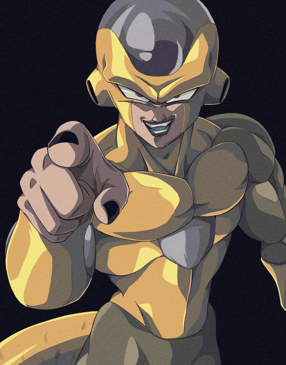 1boy :d biceps black_background black_nails blue_tongue bure_(fantasticyouth7) colored_skin colored_tongue commentary dragon_ball dragon_ball_super english_commentary fingernails frieza gold_skin golden_frieza hand_up looking_at_viewer male_focus muscular muscular_male open_mouth pectorals pointing pointing_at_viewer purple_skin red_eyes simple_background smile solo teeth tongue v-shaped_eyebrows