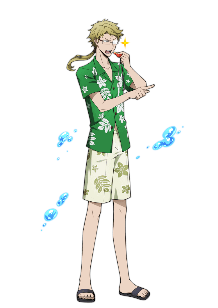 1boy bad_source blonde_hair bungou_stray_dogs full_body glasses green_shirt kunikida_doppo_(bungou_stray_dogs) male_focus male_swimwear official_art open_mouth pointing sandals shirt short_sleeves swim_trunks teeth toenails toes whistle whistle_around_neck