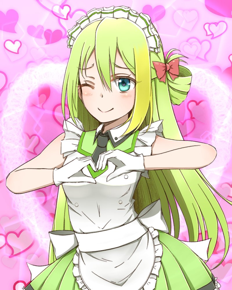 1girl ;) alina_gray alternate_costume apron black_necktie blonde_hair blush bow closed_mouth collared_dress dress enmaided frilled_apron frills gloves green_dress green_hair hair_bow heart heart_hands long_hair magia_record:_mahou_shoujo_madoka_magica_gaiden mahou_shoujo_madoka_magica maid maid_apron maid_headdress multicolored_hair necktie one_eye_closed pink_background sansho_ss smile solo straight_hair streaked_hair white_apron white_gloves