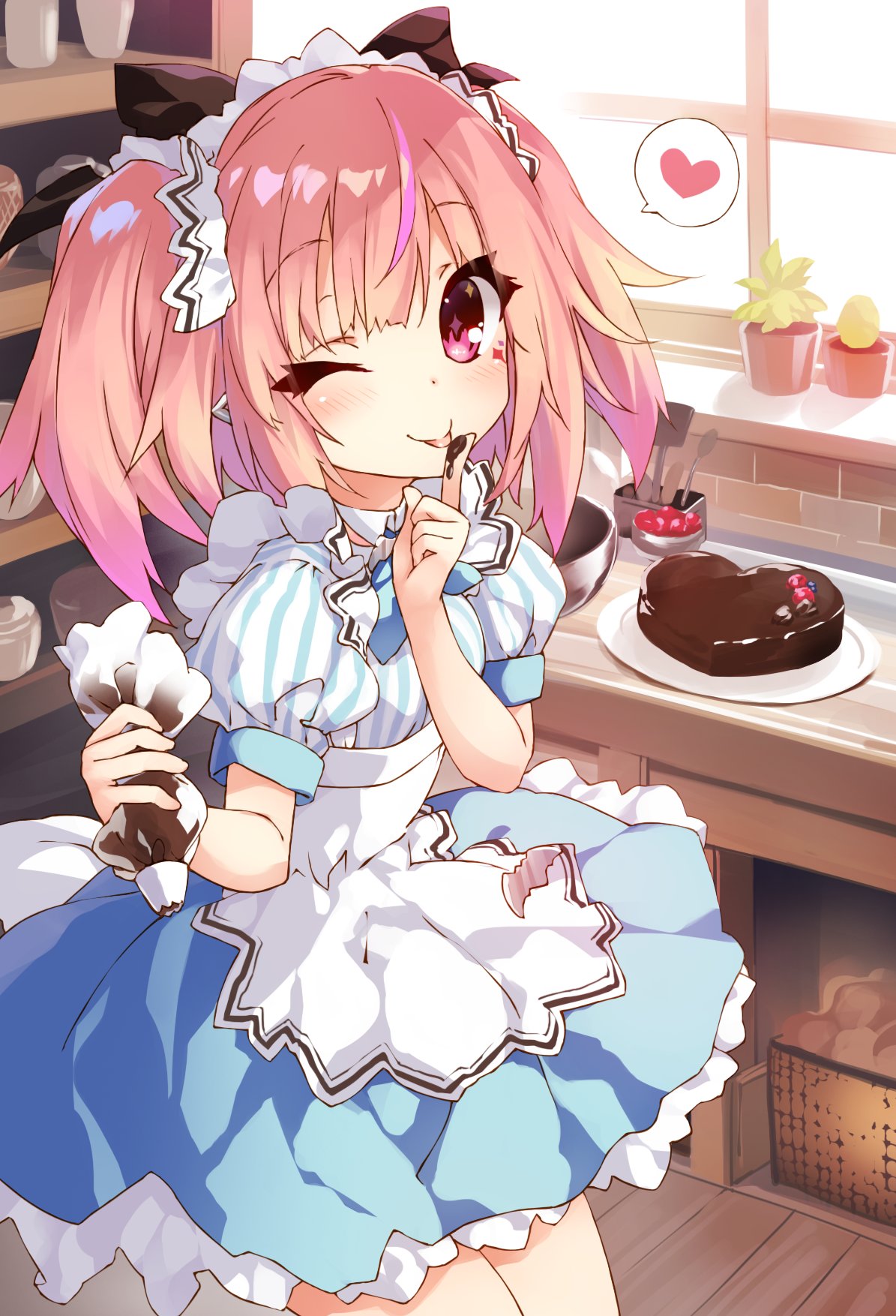 1girl apron bat_ornament black_bow blue_skirt bow cowboy_shot facial_mark finger_to_mouth food_on_hand hair_bow heart heart-shaped_cake highres holding indoors iriam kitchen licking licking_finger looking_at_viewer medium_hair miniskirt one_eye_closed pink_eyes pink_hair puffy_short_sleeves puffy_sleeves saeki_touma shirt short_sleeves skirt smile solo spoken_heart striped striped_shirt tongue tongue_out two_side_up valentine white_apron white_headdress yumemi_tete