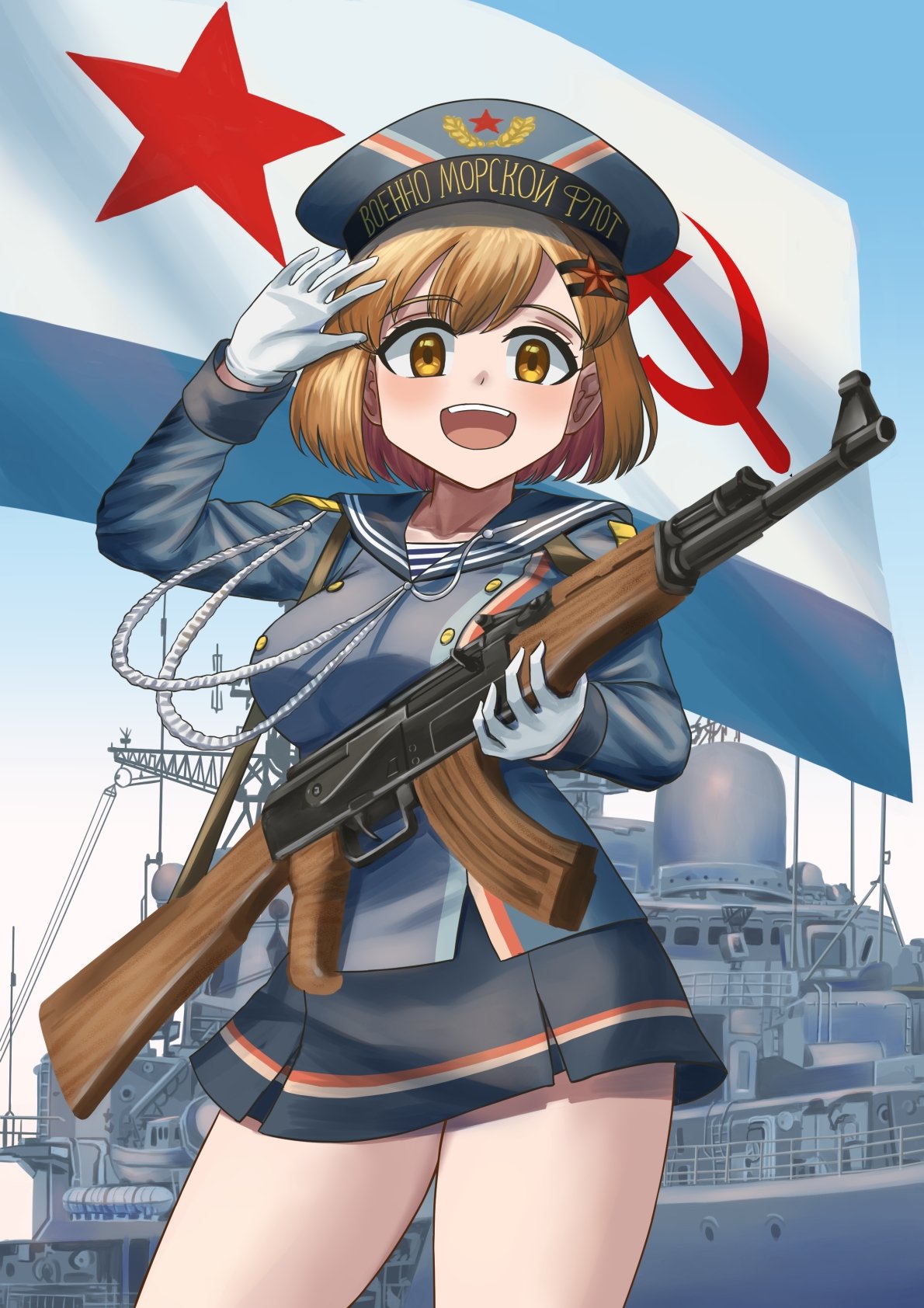 1girl :d ak-47 arm_up artist_request assault_rifle black_sailor_collar black_skirt blue_headwear blue_shirt breasts brown_eyes brown_hair commentary english_commentary gloves gun hair_ornament hairclip hammer_and_sickle highres holding holding_gun holding_weapon kalashnikov_rifle long_sleeves looking_at_viewer medium_breasts original red_star rifle russian_text sailor_collar ship shirt skirt smile solo soviet_navy star_(symbol) star_hair_ornament translation_request vehicle_request watercraft weapon white_gloves