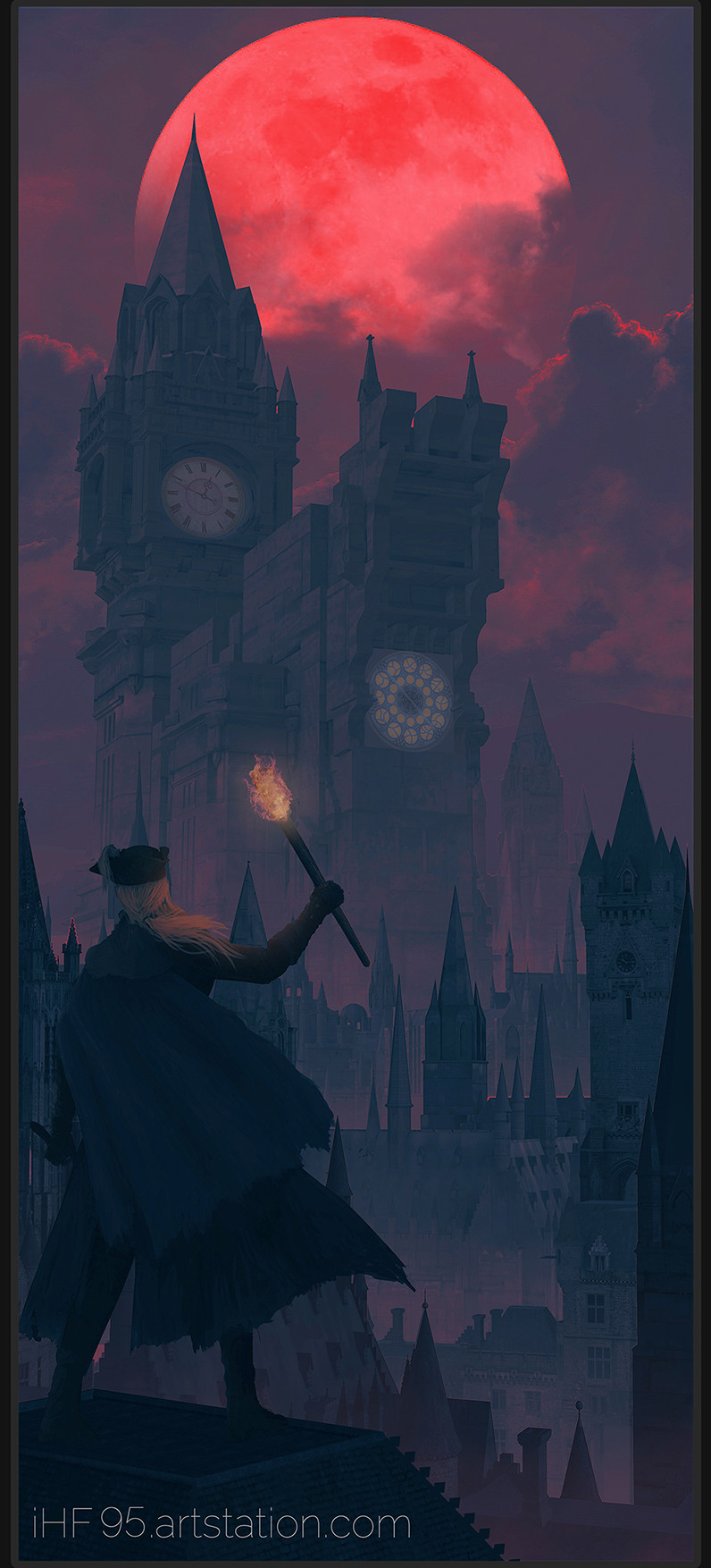1girl @_(symbol) architecture artist_name artstation_username bloodborne boots cape clock clock_tower clouds cloudy_sky coat flying_buttress full_moon gloves gothic gothic_architecture hat hat_feather highres holding holding_sword holding_torch holding_weapon ihf95 lady_maria_of_the_astral_clocktower long_hair moon ponytail rakuyo_(bloodborne) scenery sky solo sword torch tower tricorne weapon web_address white_hair yharnam
