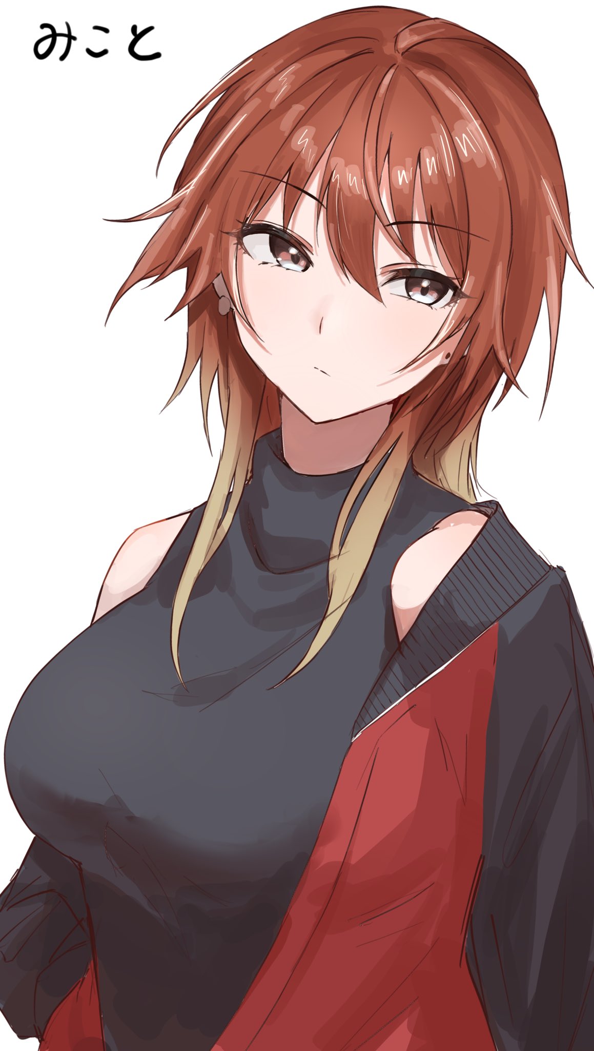 1girl aketa_mikoto ban_(puka_0507) bare_shoulders black_shirt blonde_hair breasts brown_eyes brown_hair character_name closed_mouth commentary earrings gradient_hair highres idolmaster idolmaster_shiny_colors jacket jewelry large_breasts long_sleeves looking_at_viewer looking_away multicolored_hair off_shoulder red_jacket shirt simple_background sleeveless sleeveless_shirt solo upper_body white_background