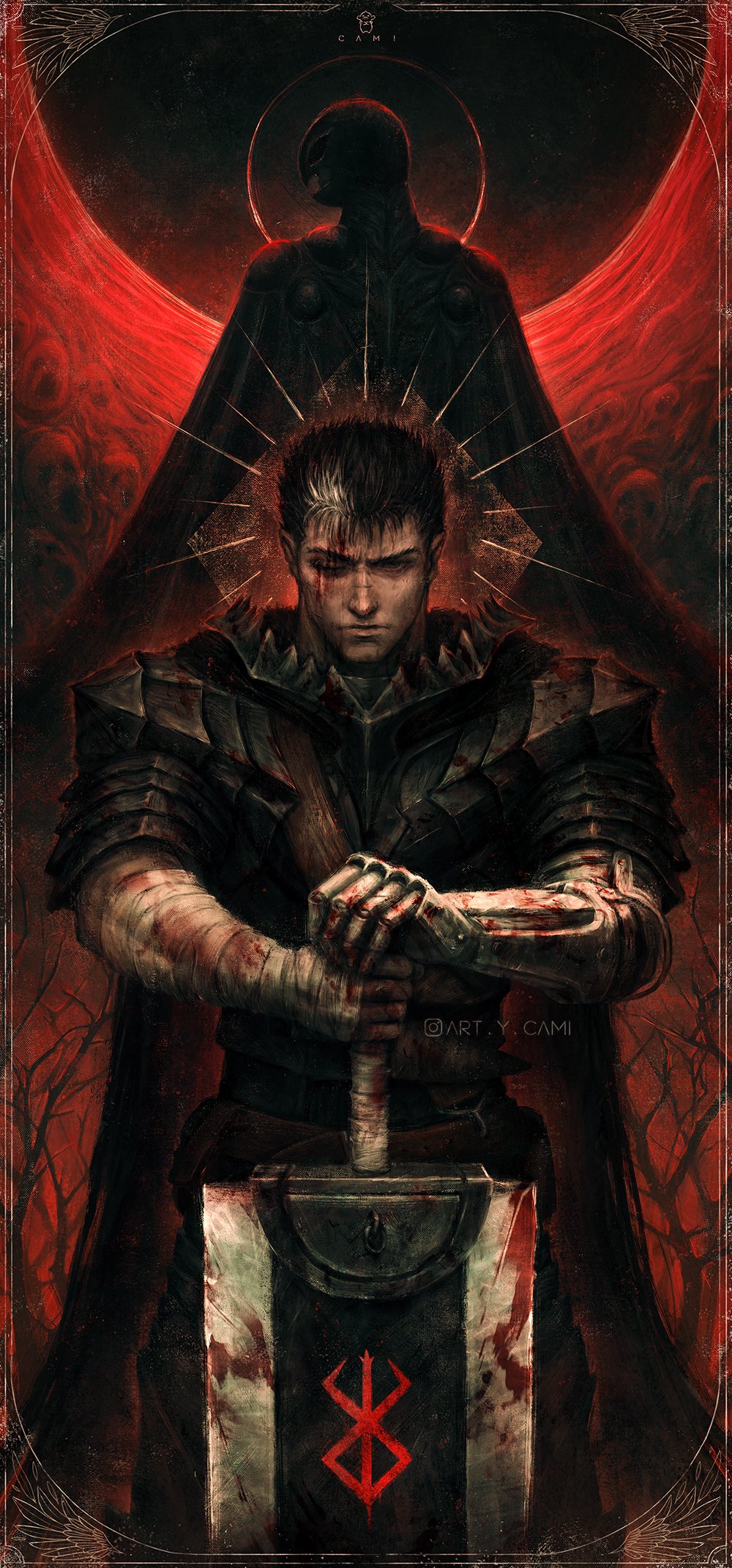2boys armor artcami bandaged_arm bandages bandolier berserk berserker_armor black_armor black_cape black_hair blood blood_on_face blood_on_hands blood_on_weapon brand_of_sacrifice cape closed_mouth commentary dragonslayer_(sword) eclipse english_commentary facing_viewer femto_(berserk) griffith_(berserk) guts_(berserk) helmet highres holding holding_sword holding_weapon instagram_username male_focus multicolored_hair multiple_boys one_eye_closed prosthesis prosthetic_arm scar scar_on_face short_hair shoulder_armor solar_eclipse spiky_hair streaked_hair sword weapon