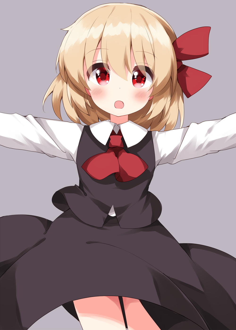 1girl arms_up ascot bare_legs black_skirt black_vest blonde_hair blush collared_shirt grey_background hair_between_eyes hair_ribbon highres looking_at_viewer one-hour_drawing_challenge open_mouth red_ascot red_eyes red_ribbon ribbon rumia ruu_(tksymkw) shirt short_hair simple_background skirt solo touhou vest white_shirt