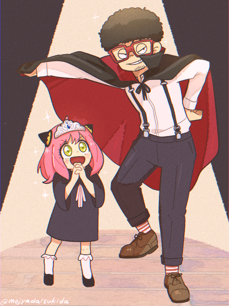 1boy 1girl :d afro anya_(spy_x_family) black_cape black_footwear black_pants brown_footwear cape child facial_hair franky_franklin glasses green_eyes grin hairpods hand_on_own_hip long_sleeves ouka_(gegege_853suki) own_hands_together pants pink_hair red-framed_eyewear red_cape shirt smile socks spotlight spy_x_family standing striped striped_socks stubble suspenders tiara twitter_username white_shirt