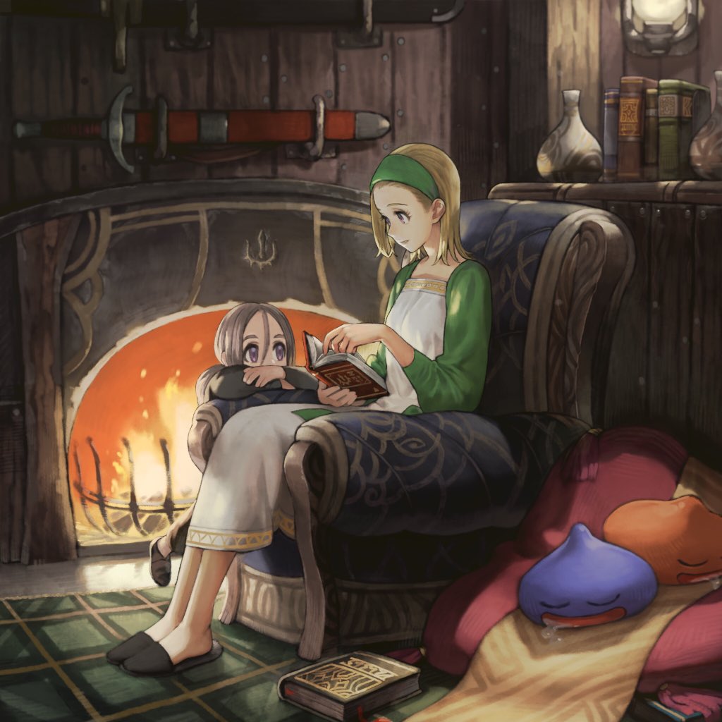 1boy 1girl aged_up alternate_costume blonde_hair book chair child commentary dragon_quest dragon_quest_xi dress eye_contact fireplace full_body green_hairband hairband hero_(dq11) indoors jun_(seojh1029) long_hair looking_at_another mother_and_son open_mouth senya_(dq11) sitting slime_(dragon_quest) slippers sword weapon