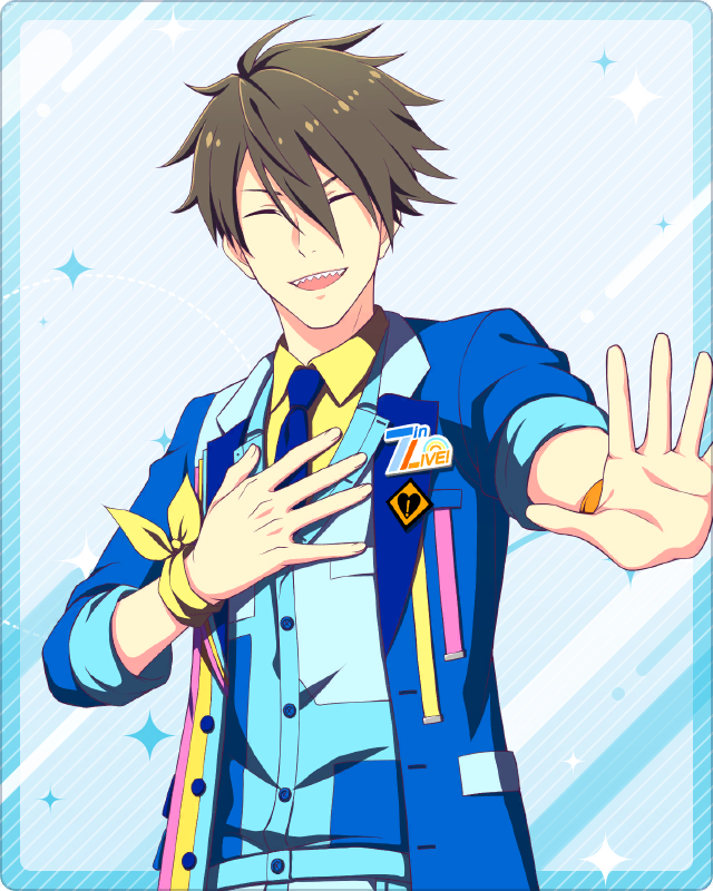 1boy ahoge akuno_hideo aqua_eyes blue_necktie brown_hair buttons closed_eyes collared_shirt fingernails hair_between_eyes idolmaster idolmaster_side-m idolmaster_side-m_growing_stars necktie official_art palms sharp_teeth shirt teeth upper_body upper_teeth_only