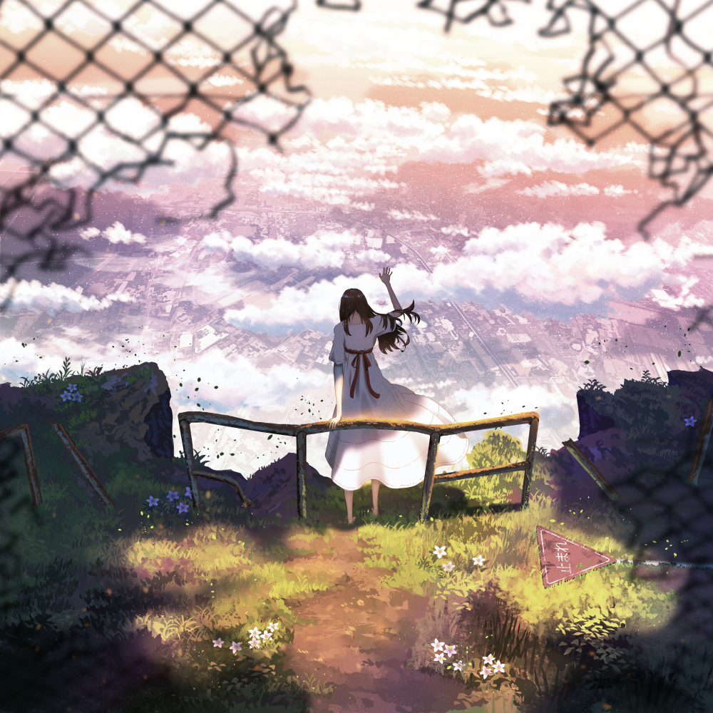 1girl black_hair broken_fence brown_hair chain-link_fence city clouds day dress fence flower from_behind grass hand_up hill long_hair original outdoors railing ruins scenery shuu_illust sign sky solo standing white_dress