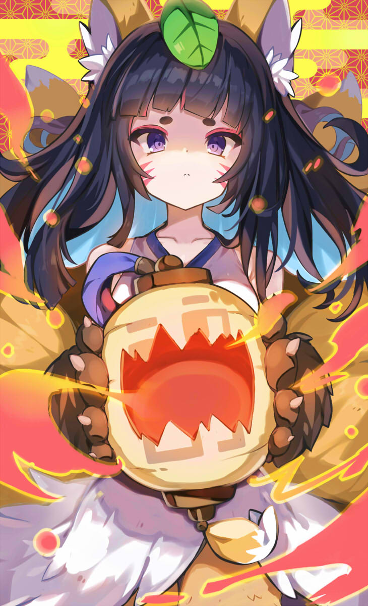 1girl animal_ear_fluff animal_ears animal_hands black_hair blue_hair blunt_bangs claws closed_mouth collarbone colored_inner_hair commentary_request cowboy_shot dress embers facing_viewer fire floating_hair fox_ears fox_girl fox_tail hair_ornament highres holding holding_lantern kyubi_(monster_farm) lantern leaf leaf_hair_ornament long_hair looking_at_viewer monster_farm multicolored_hair multiple_tails omochishiki paper_lantern side_slit sleeveless sleeveless_dress solo tail thick_eyebrows violet_eyes white_dress