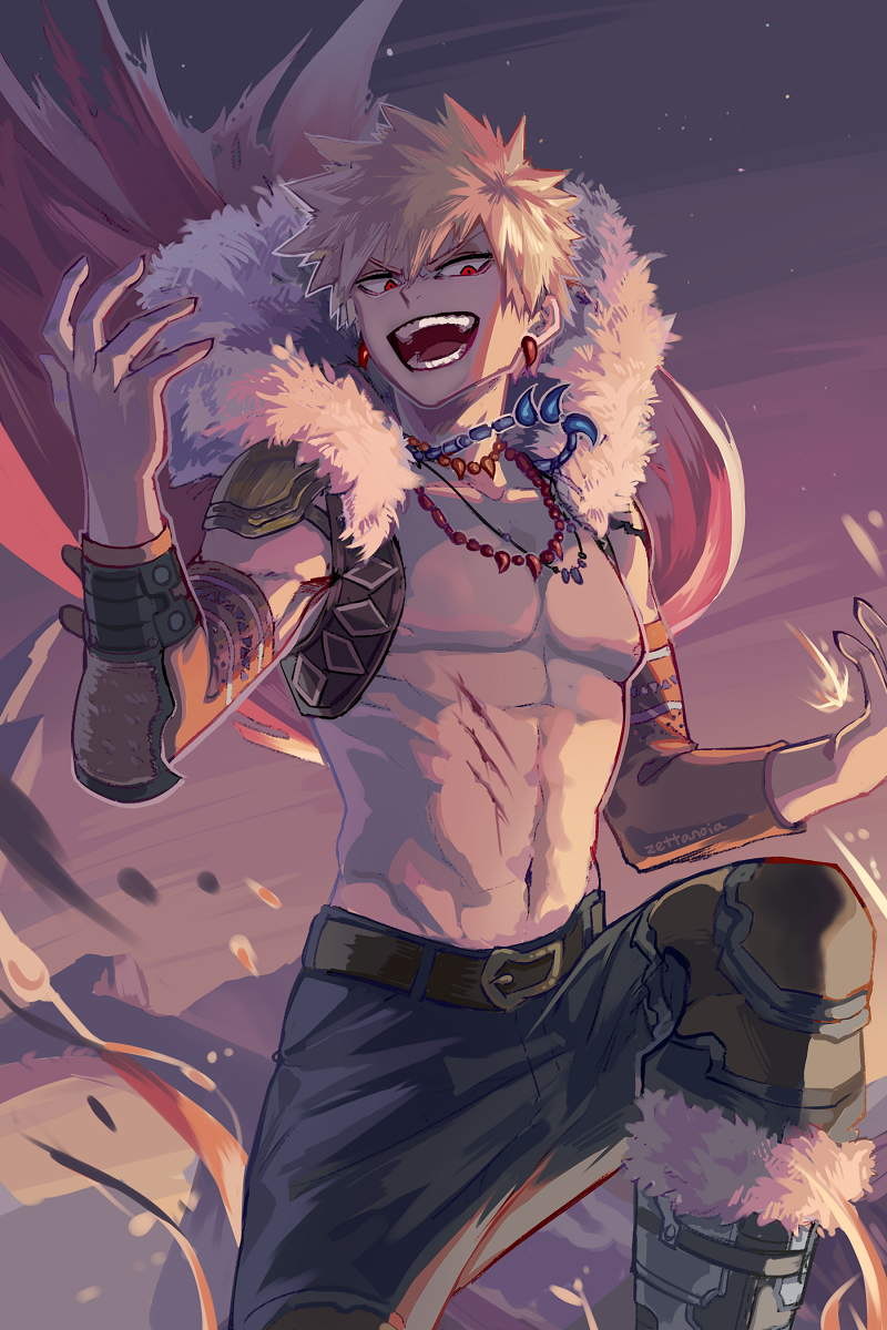 1boy artist_name bakugou_katsuki belt belt_buckle black_pants black_sky bleeding blonde_hair blood boku_no_hero_academia boots brown_belt buckle cape claw_mark commentary cowboy_shot cuts detached_sleeves evening fire floating_cape fur-trimmed_boots fur-trimmed_cape fur_trim gradient_outline gradient_sky grey_footwear grey_outline hair_between_eyes hands_up happy highres injury jewelry knee_boots knee_guards knee_up looking_away looking_down male_focus multiple_necklaces navel necklace nipples no_shirt open_mouth outdoors outline pants pink_outline pink_sky red_cape red_eyes sanpaku short_hair shoulder_pads sidelighting sideways_glance single_bare_shoulder single_shoulder_pad sky smile smoke solo spiky_hair standing star_(sky) stepping toned toned_male tooth_earrings tooth_necklace torn_cape torn_clothes triangle_print turning_head v-shaped_eyebrows white_outline wind zettanoia