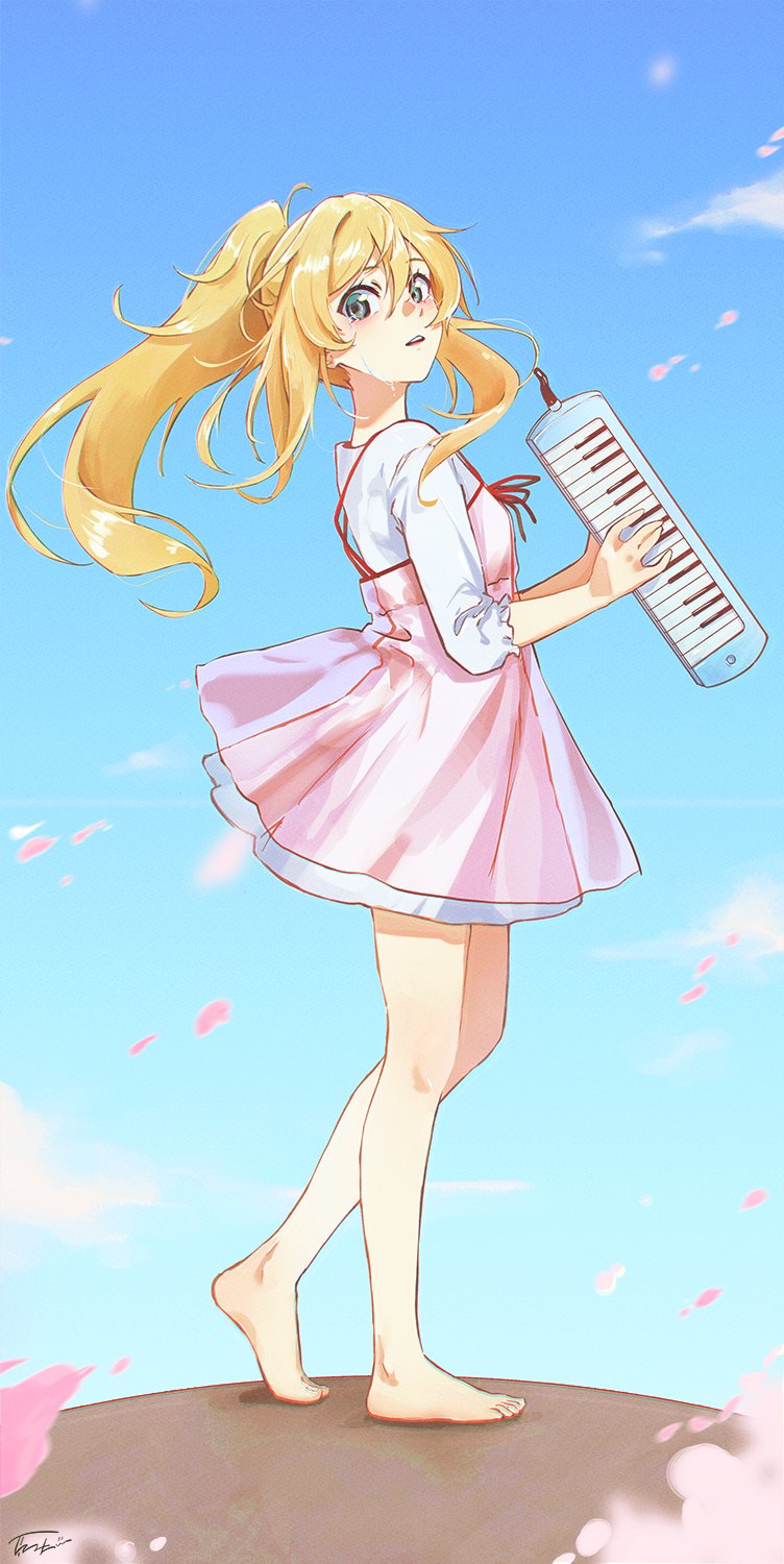1girl barefoot blonde_hair blue_sky clouds commentary day dress english_commentary from_side grey_eyes hair_between_eyes highres holding holding_instrument instrument instrument_request keyboard_(instrument) long_hair long_sleeves looking_at_viewer looking_to_the_side melodica miyazono_kawori original outdoors parted_lips petals pink_dress ponytail shigatsu_wa_kimi_no_uso shirt sidelocks sky sleeveless sleeveless_dress solo tinedesu very_long_hair walking white_shirt