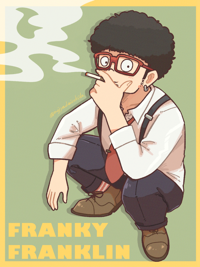 1boy afro brown_footwear character_name cigarette earrings franky_franklin full_body green_background holding holding_cigarette jewelry male_focus necktie ouka_(gegege_853suki) red-framed_eyewear red_necktie shirt sideburns smoke smoking socks solo spy_x_family squatting striped striped_socks suspenders white_shirt