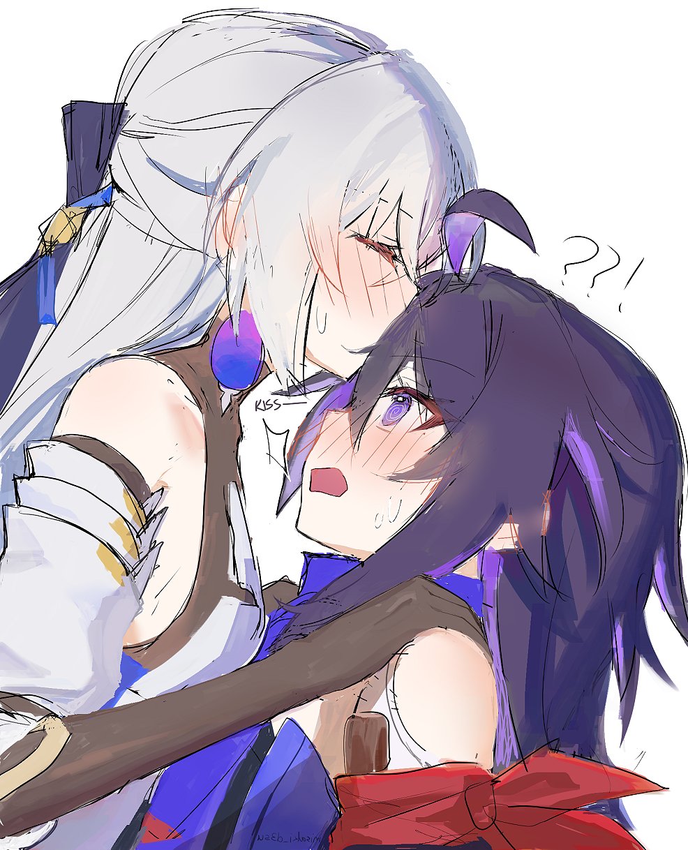!? 2girls ? ?? ahoge bare_shoulders blush breasts bronya_rand closed_eyes commentary earrings english_text grey_hair hand_on_another's_shoulder highres honkai:_star_rail honkai_(series) honkai_impact_3rd jewelry kiss kissing_forehead long_hair looking_at_another misaki_d3su multicolored_hair multiple_girls open_mouth purple_hair seele_(honkai:_star_rail) simple_background small_breasts streaked_hair sweatdrop symbol-only_commentary upper_body violet_eyes white_background white_sleeves yuri