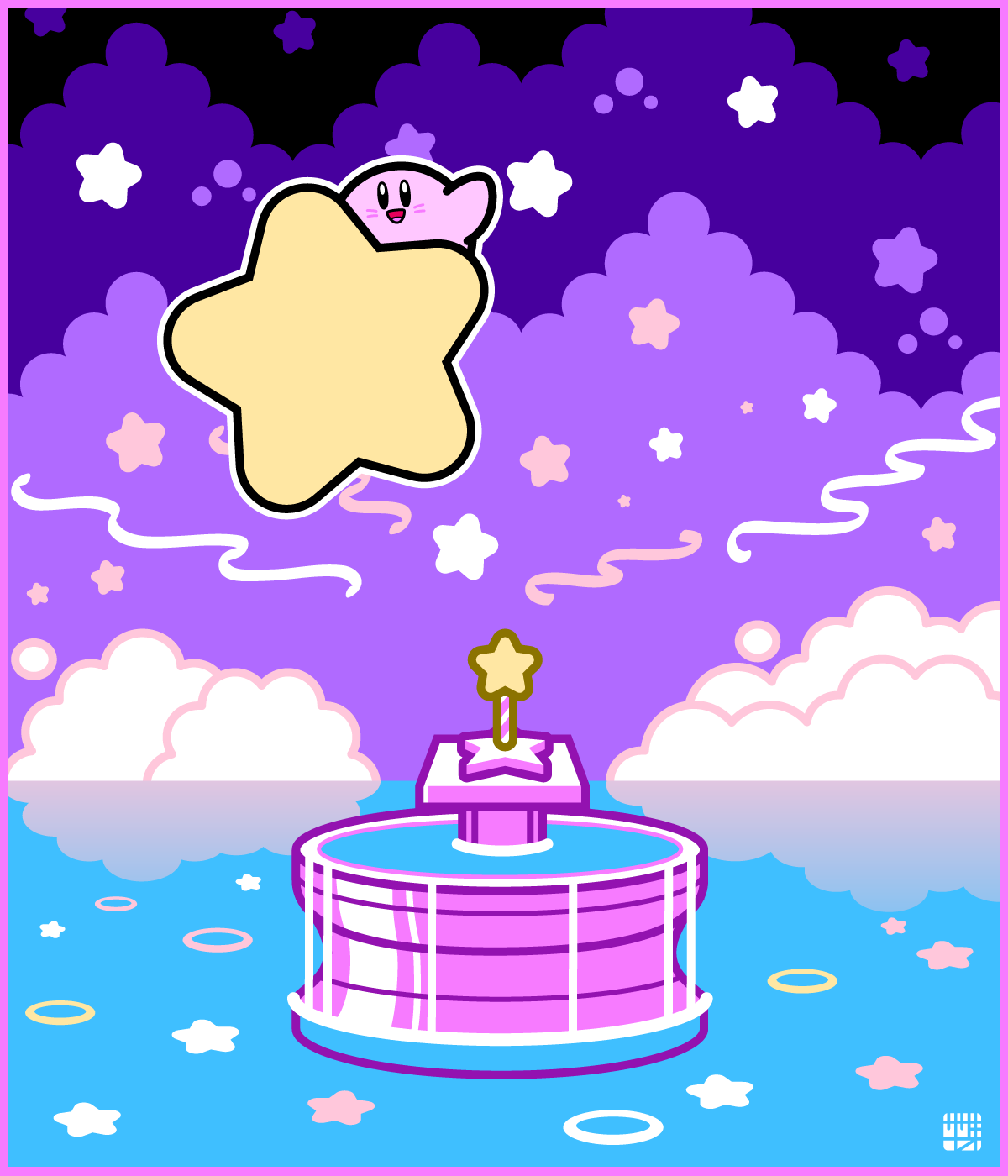 1boy black_eyes border bright_pupils clouds facial_mark fountain fountain_of_dreams highres kirby kirby's_dream_land kirby_(series) no_humans open_mouth pink_border sasakinao smile solo star_(symbol) star_rod warp_star water waving white_pupils