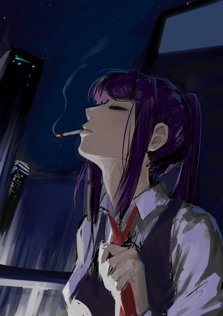 1girl bartender cigarette cityscape closed_eyes jill_stingray long_hair necktie night night_sky purple_hair shirt sky smoking solo twintails va-11_hall-a vest white_shirt yuki_daruma92