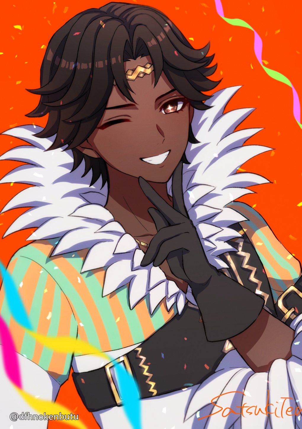 1boy black_gloves brown_eyes brown_hair dark-skinned_male dark_skin dfhnokenbutu fire_emblem fire_emblem_engage fogado_(fire_emblem) fur_trim gloves hand_on_own_chin highres looking_at_viewer one_eye_closed red_background shirt smile solo sparkle sparkling_eyes