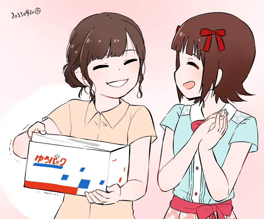 2girls amami_haruka blue_shirt bow box brown_shirt buttons closed_eyes collar commentary facing_another hair_bun hair_ribbon hands_up holding holding_box idolmaster idolmaster_(classic) multiple_girls nagian nakamura_eriko open_mouth own_hands_together pink_skirt real_life red_bow red_ribbon ribbon shirt short_hair short_sleeves sidelocks skirt smile trembling upper_body voice_actor_connection waist_bow wavy_hair white_collar
