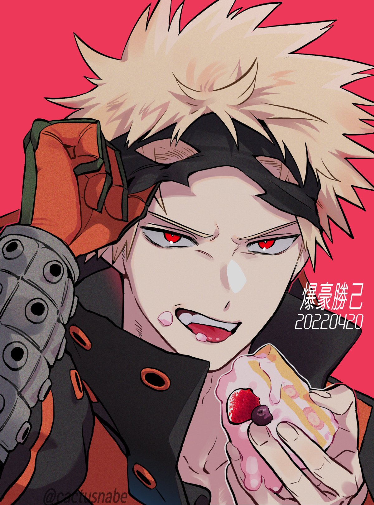 1boy arm_up bakugou_katsuki bangs_pinned_back black_mask blonde_hair blueberry boku_no_hero_academia bright_pupils cactusnabe cake character_name colored_sclera dated eye_mask film_grain fingernails food food_on_face foreground_text fruit furrowed_brow gloves green_gloves grey_sclera hand_up high_collar highres holding holding_cake holding_food looking_at_viewer male_focus mask_lift melting open_collar open_mouth orange_gloves outline pink_background pink_outline portrait red_eyes sanpaku short_hair simple_background single_glove single_wrist_guard smile solo spiky_hair straight-on strawberry_shortcake timestamp tongue tongue_out twitter_username two-tone_gloves v-shaped_eyebrows white_outline white_pupils