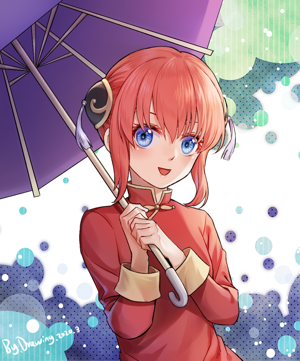 1girl :d artist_name blue_background blue_eyes blush breasts bun_cover chinese_clothes circle commentary dated double_bun drawing_(23518) gintama green_background hair_between_eyes hair_bun hair_up highres holding holding_umbrella kagura_(gintama) long_sleeves looking_at_viewer mandarin_collar open_mouth own_hands_together parasol red_shirt redhead screentones shirt sidelocks signature sleeve_cuffs small_breasts smile solo striped tangzhuang tassel umbrella upper_body vertical_stripes w_arms white_background